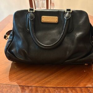 Black Leather Satchel Handbag with Gold Plaque